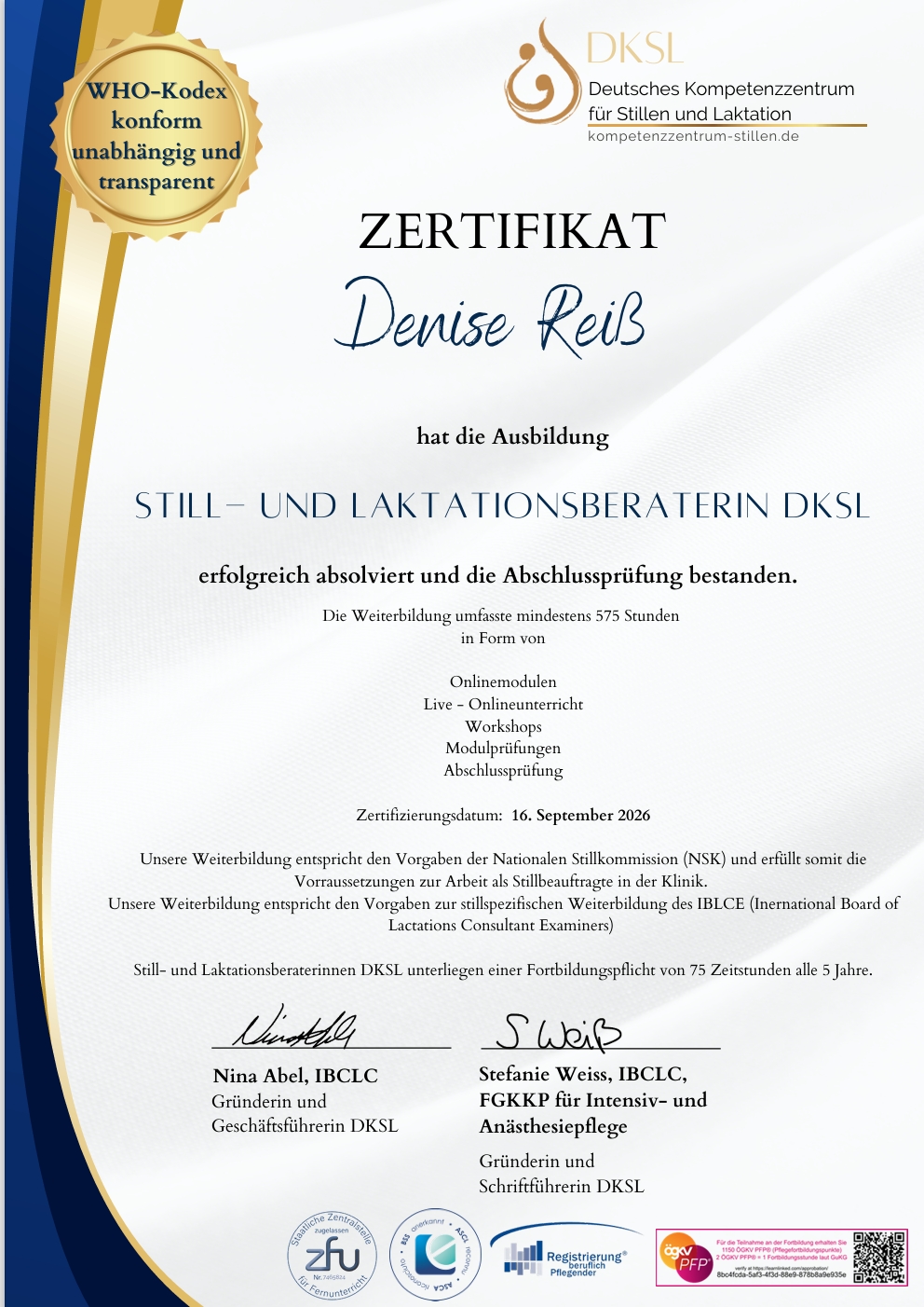 Zertifikat Denise Reiß – Still- und Laktationsberaterin DKSL